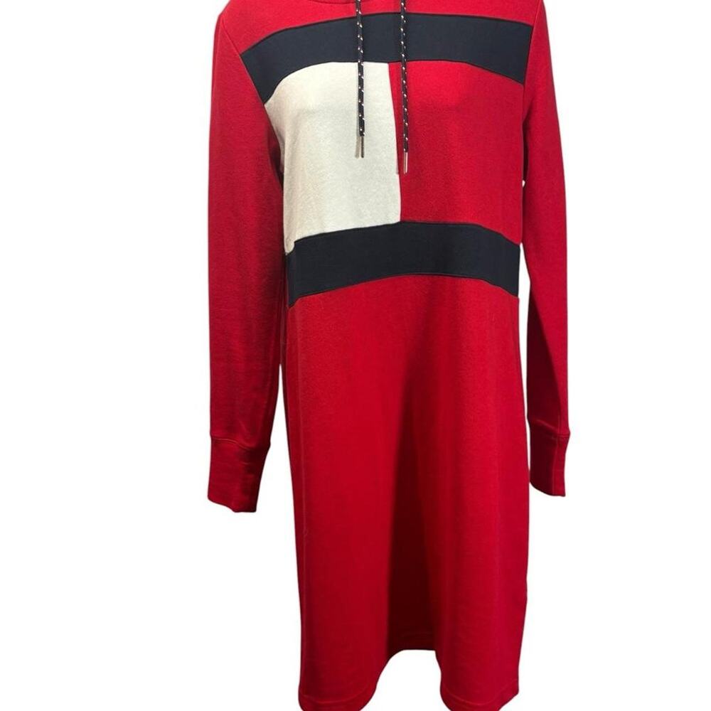 Red, black, and white Tommy Hilfiger color block cotton & polyester hoodie dress